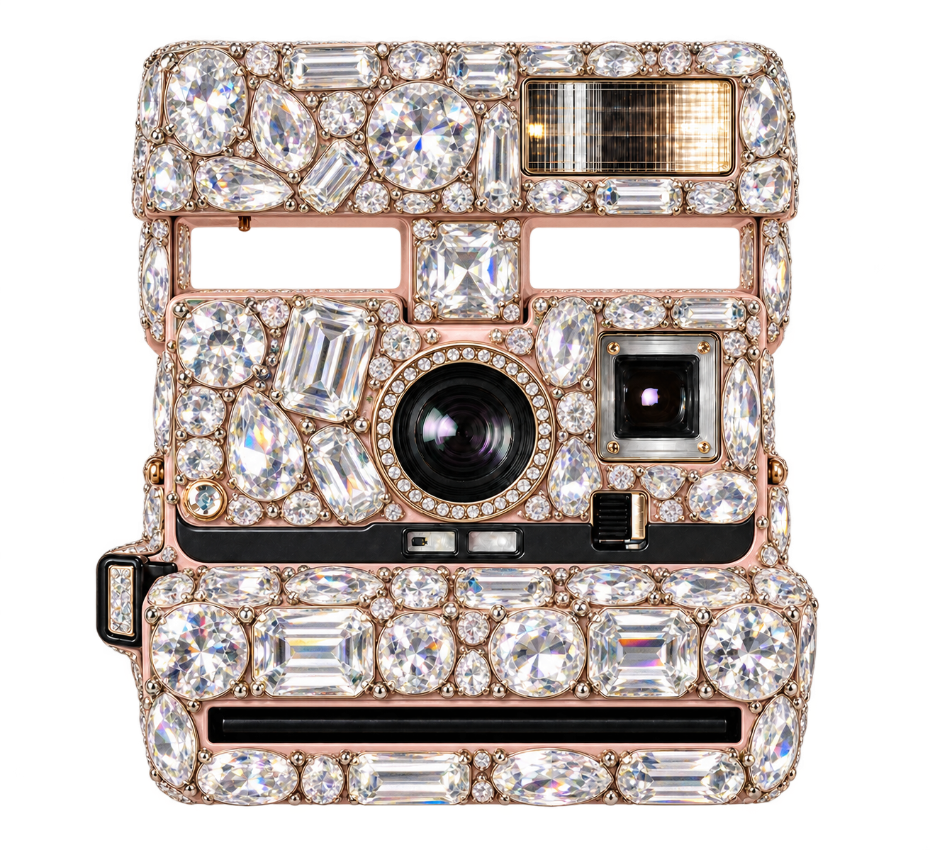 A camera covered in clear gemstones